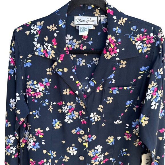 Diane Gilman Navy Floral Button-Up Silk Long Sleeve French Cuff Blouse New S - Picture 9 of 9